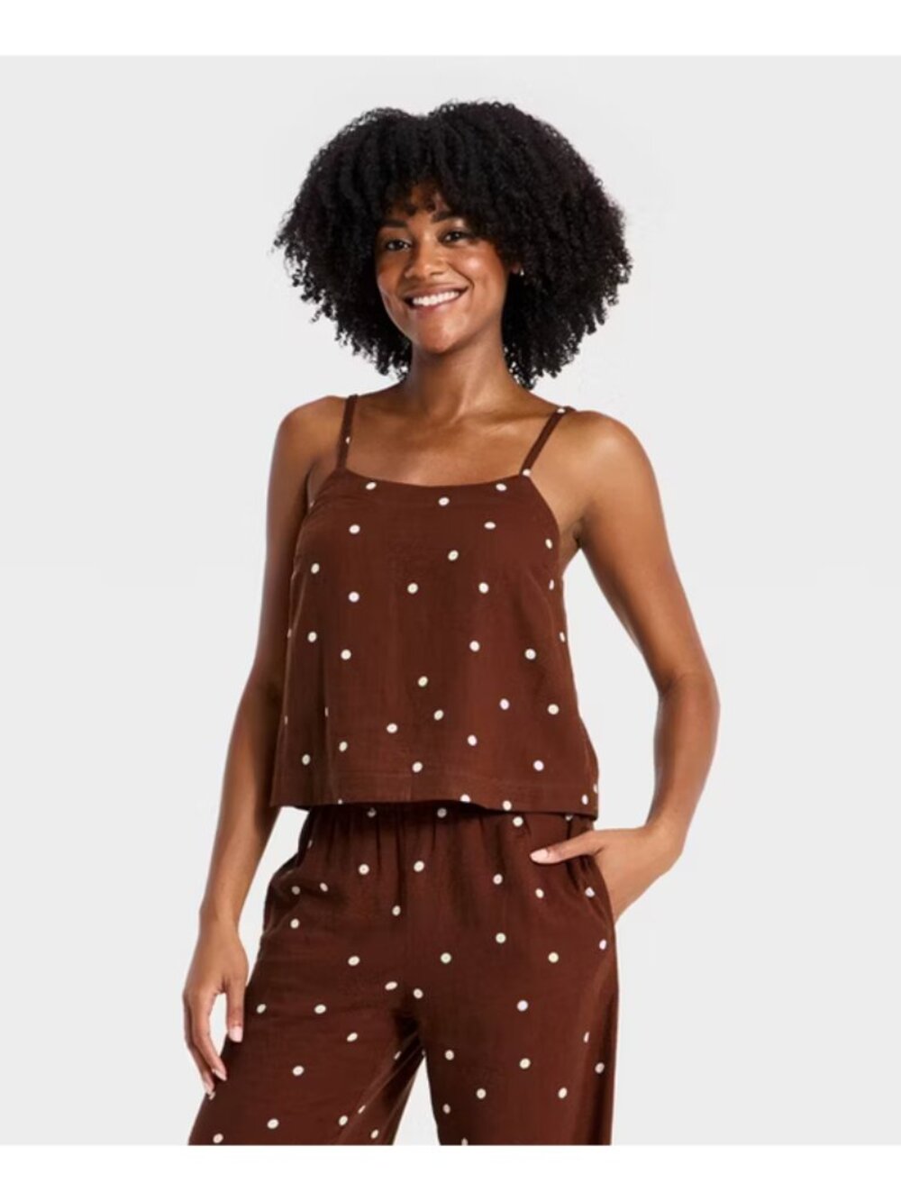Women's Linen Cami - A New Day Brown Dots S